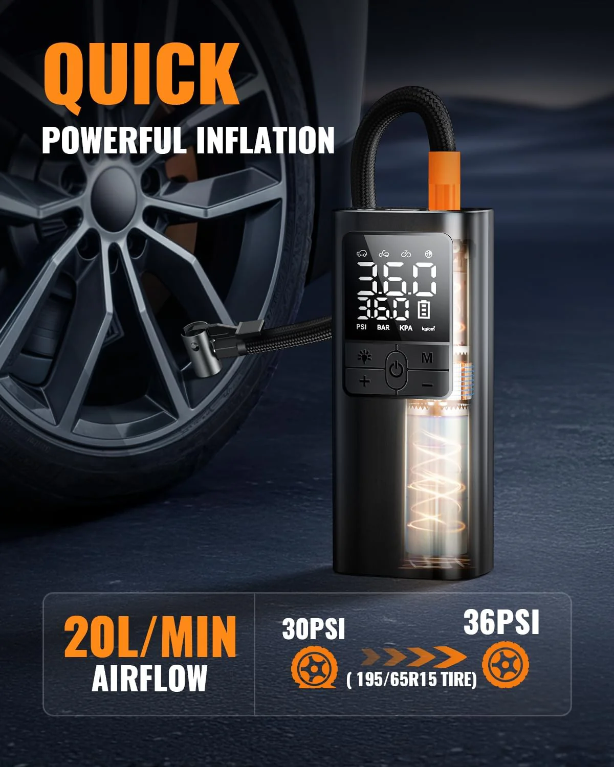 PLM Tire Inflator Portable Air Pump - 150PSI & 10000mAh - Image 3